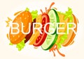 Funny fast food colorful vector illustration sandwich, hamburger, cheeseburger character, bun, tasty king burger, cheese, tomato,